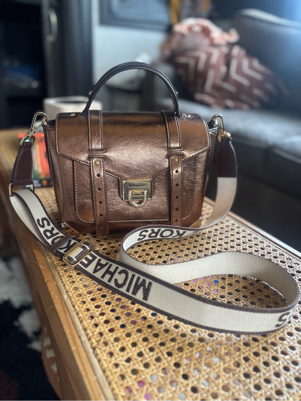 Michael Kors Metallic Bronze Leather Satchel with Logo Strap